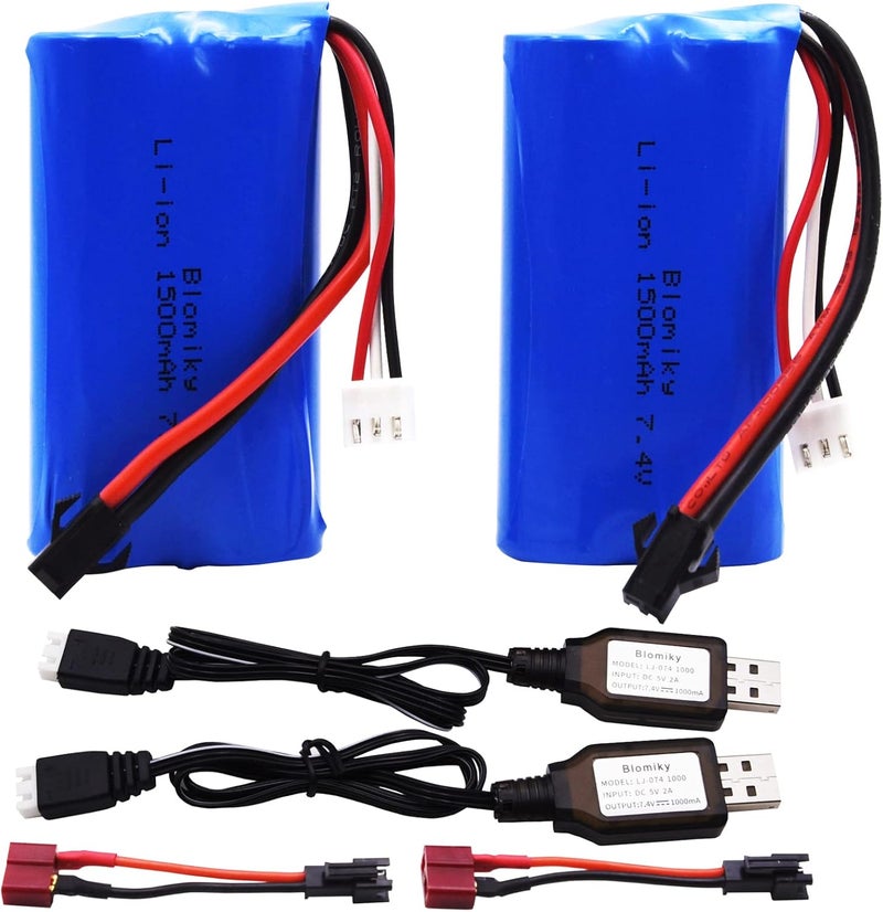 Blomiky 2 Pack 7.4V 1500mAh Li-ion Rechargeable Battery SM-2P Plug with T Adapter and USB Cable Suitable for H101 H103 H105 RC Boat RC Trucks H101 Battery & T 2 - Image 1